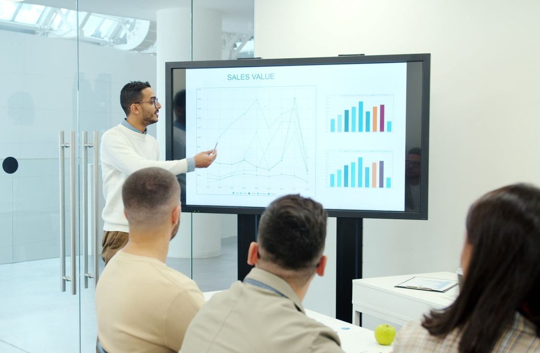 Home Professional business presentation analyzing sales growth with charts.